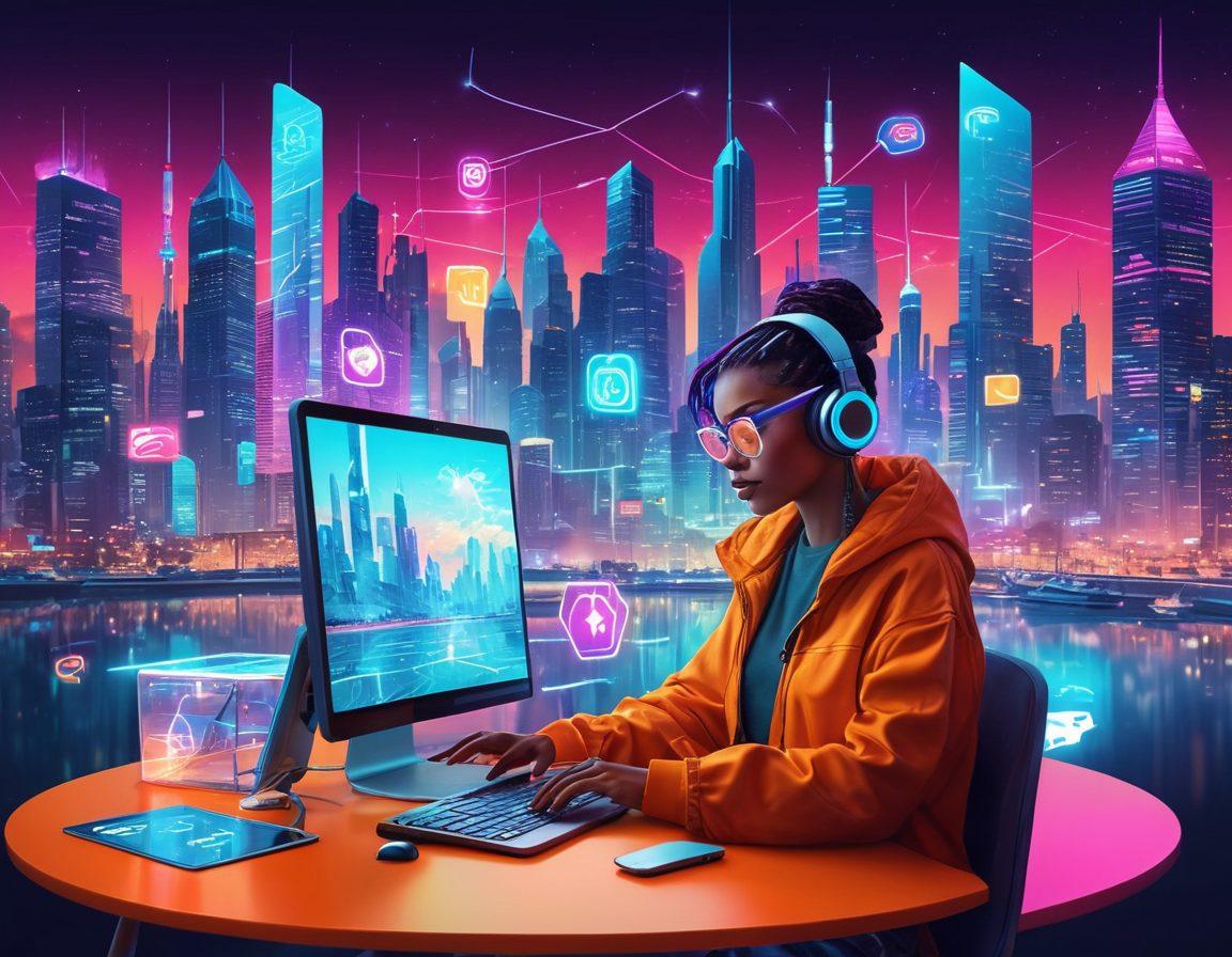 A whimsical landscape merging digital and physical elements, showcasing a vibrant blogging scene with a computer surrounded by floating social media icons. Envision diverse people engaging with each other and sharing ideas through holographic interfaces, all set against a colorful, futuristic city skyline. The atmosphere should feel lively and connected, symbolizing community engagement in a digital world. colorful illustration. cyberpunk style. vibrant colors.