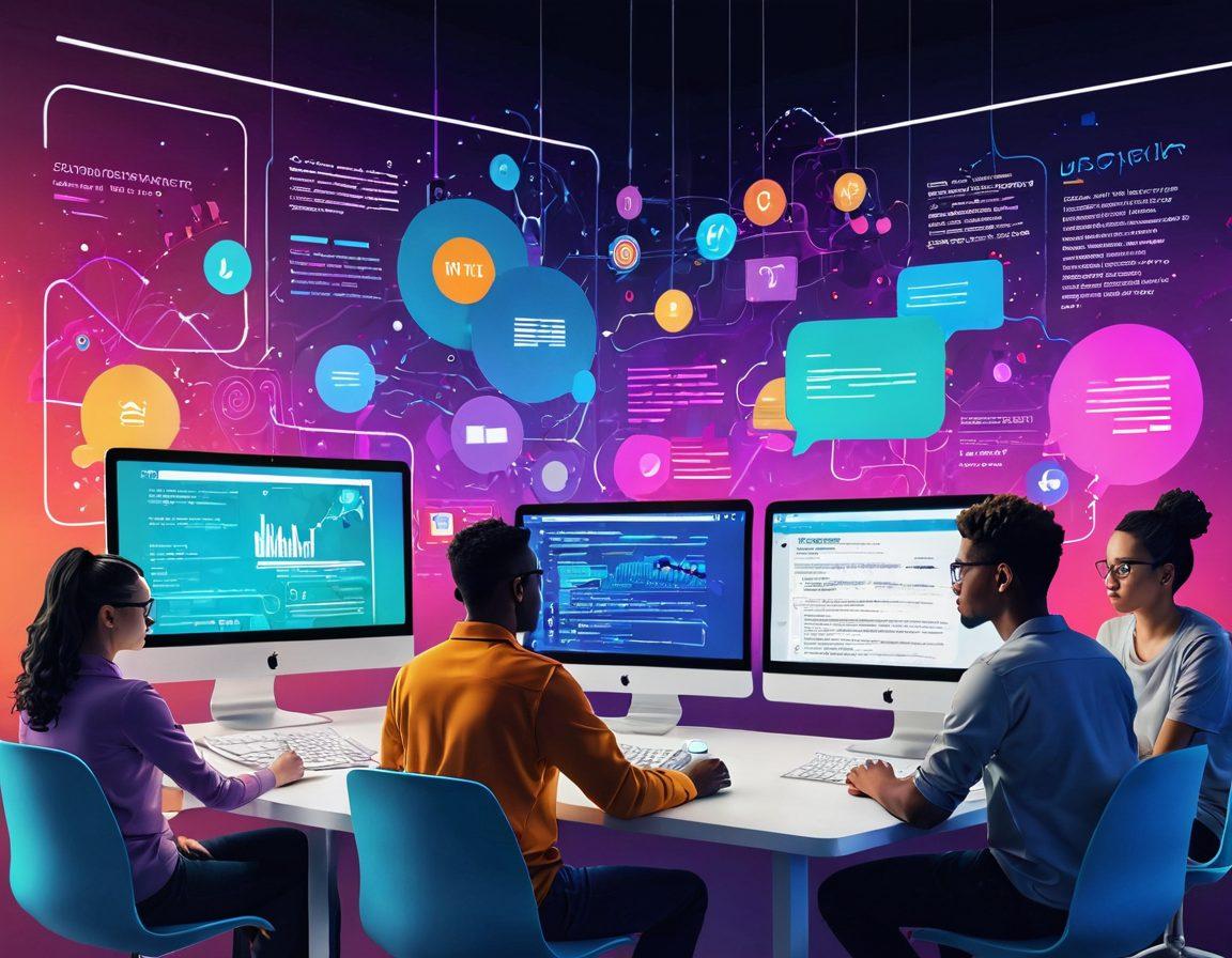A dynamic scene showcasing a diverse group of people collaborating on web development, surrounded by vibrant code snippets and digital storytelling elements like graphics, characters, and text bubbles. Include elements of technology like laptops and screens displaying web pages, along with a backdrop of a digital landscape that represents the internet. The mood should be inspiring and energetic, highlighting empowerment and creativity in digital spaces. vibrant colors. 3D. digital art.