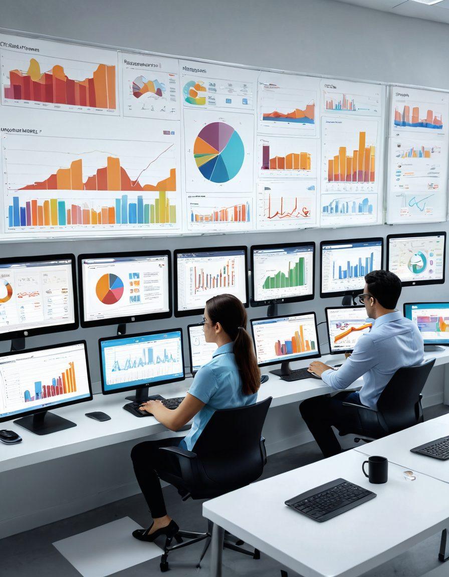 A modern workspace featuring a digital dashboard displaying content analytics, surrounded by an array of devices like laptops and tablets. A person is analyzing the data with charts and graphs in vibrant colors, symbolizing growth and strategy. Elements of social media icons and digital documents are subtly integrated into the background. The overall atmosphere should convey innovation and creativity. super-realistic. vibrant colors. white background.